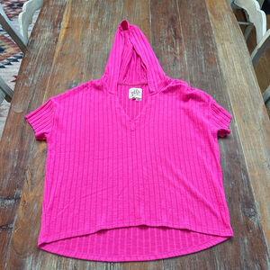 CHASER Hot Pink Ribbed Short Sleeve Hoodie Small Womens